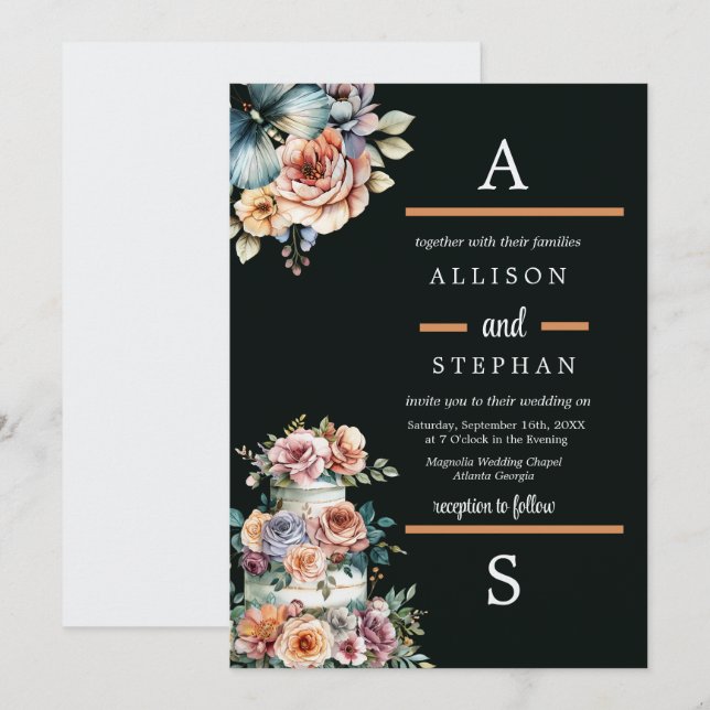 Elegant Pastel Floral Wedding Cake Invitation (Front/Back)