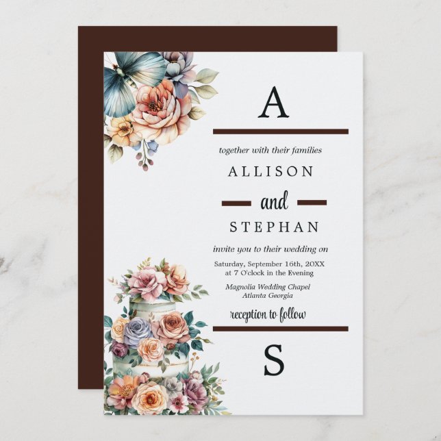 Elegant Pastel Floral Wedding Cake Invitation (Front/Back)