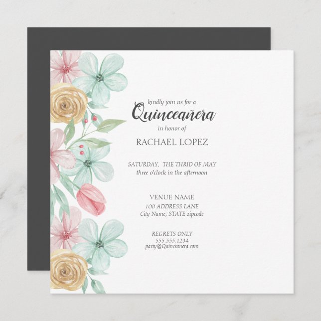 Elegant Pastel Florals | Gold Frame Quinceanera Invitation (Front/Back)