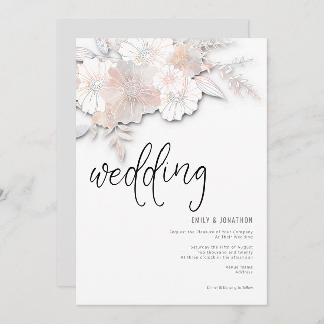Elegant Pastel Florals Peach Blush Grey Wedding Invitation (Front/Back)