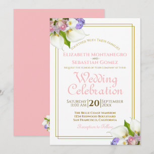 Elegant Pastel Flowers Gold and Pink Wedding Invitation