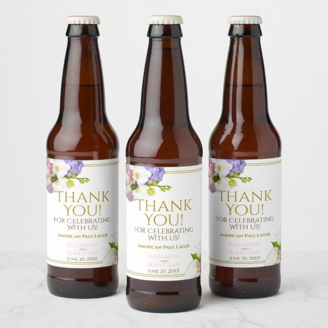 Elegant Pastel Flowers Wedding Thank You Beer Bottle Label (Bottles)