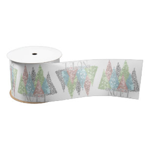 Elegant Pastel Glitter Trees Christmas Satin Ribbon