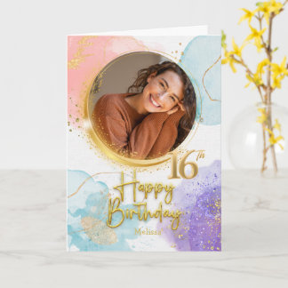 Elegant Pastel & Gold Photo Name 16th Birthday Card