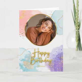 Elegant Pastel Gold Script Circle Photo Birthday Card