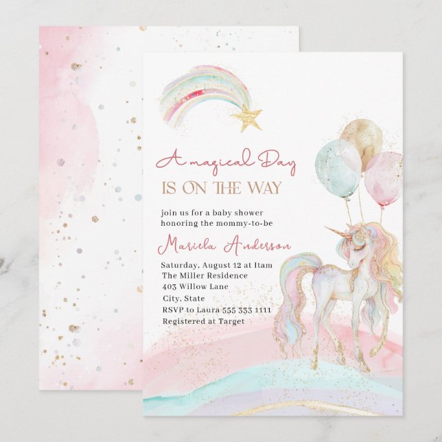 Elegant Pastel Gold Unicorn Watercolor  Invitation (Front/Back)