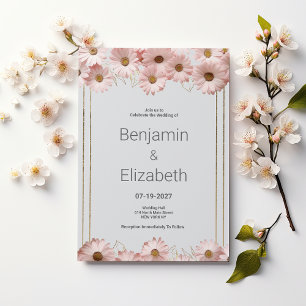 Elegant pastel gray pink gold daisy floral Wedding Invitation