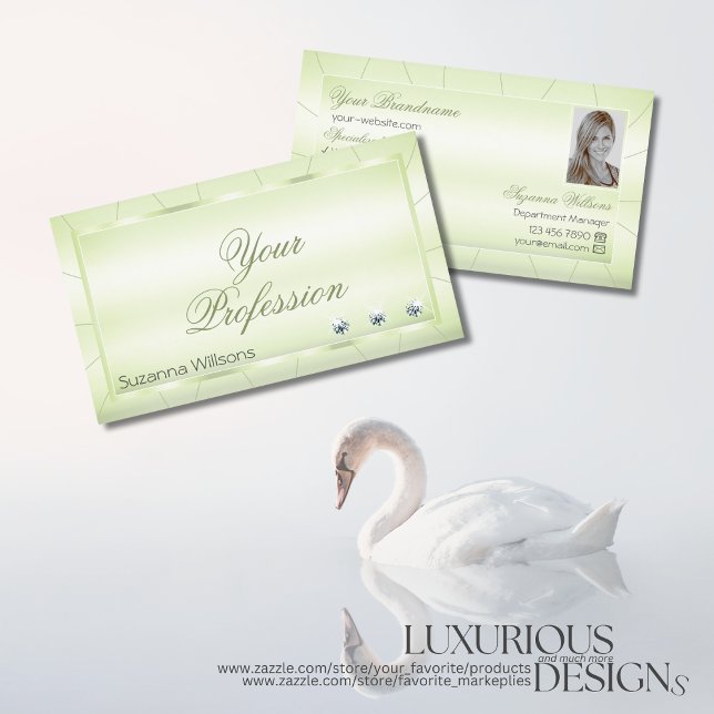 Elegant Pastel Green with Diamonds and Photo Chic Business Card (Creator Uploaded)