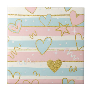 Elegant Pastel Hearts with Gold Stripe Accents Ceramic Tile