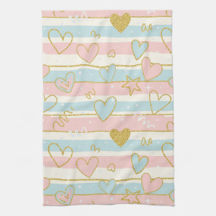 Elegant Pastel Hearts with Gold Stripe Accents Tea Towel
