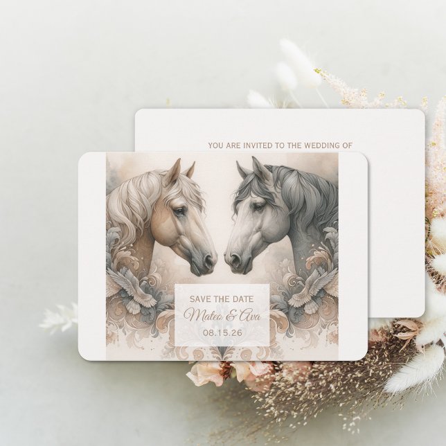 Elegant Pastel Horses Wedding Save The Date Card (Elegant Pastel Horses Wedding Save The Date Card (front and back))
