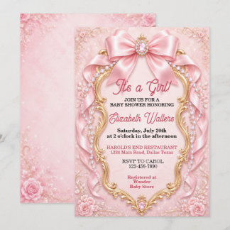 Elegant Pastel Jewelled Pink Bow Boy Baby Shower Invitation