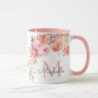 Elegant Pastel Peach Pink Rose Floral Monogrammed