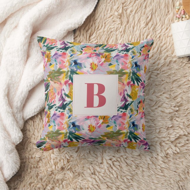 Elegant Pastel Pink Abstract Floral Monogrammed  Cushion (Blanket)