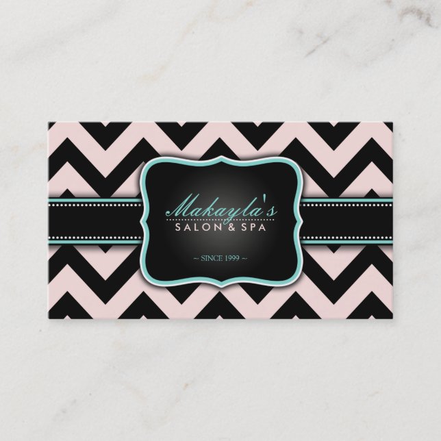 Elegant Pastel Pink and Black Chevron Pattern Business Card (Front)