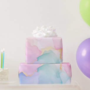 Elegant pastel pink and blue shimmering gold swirl wrapping paper