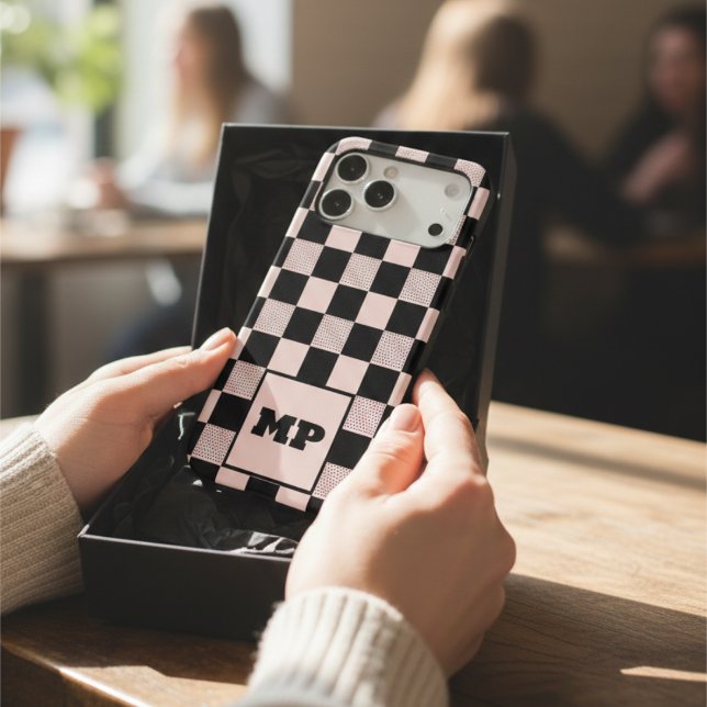 Elegant Pastel Pink & Black Checkerboard Monogram (Creator Uploaded)