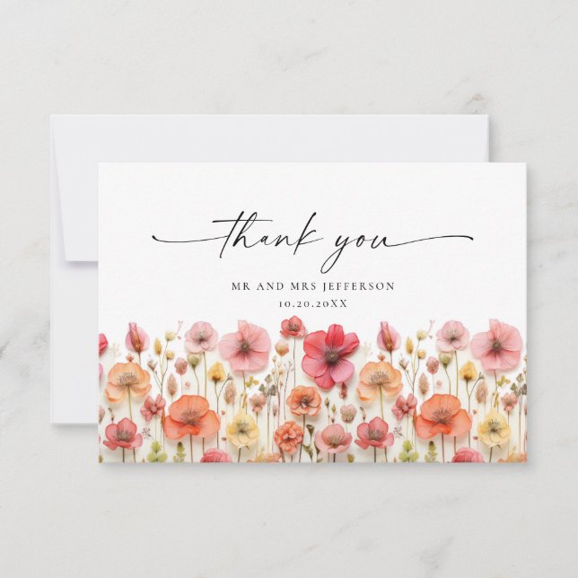 Elegant Pastel Pink Bohemian Field Wildflower Thank You Card (Front)