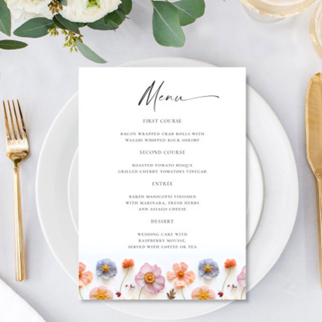 Elegant Pastel Pink Bohemian Wildflower Wedding Menu (Creator Uploaded)