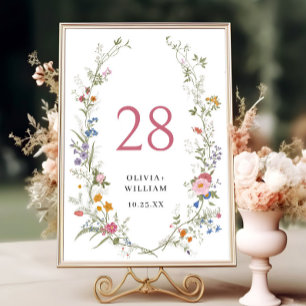 Elegant Pastel Pink Bohemian Wildflower Wedding Table Number