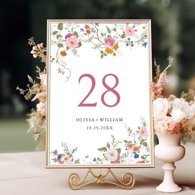 Elegant Pastel Pink Bohemian Wildflower Wedding Table Number (Creator Uploaded)