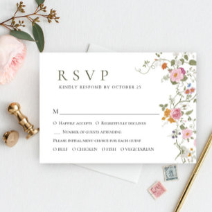 Elegant Pastel Pink Boho Wild Flowers Wedding RSVP Card