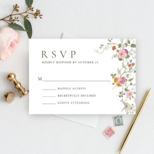 Elegant Pastel Pink Boho Wild Flowers Wedding RSVP Card