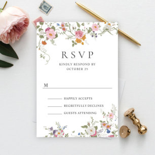 Elegant Pastel Pink Boho Wild Flowers Wedding RSVP Card