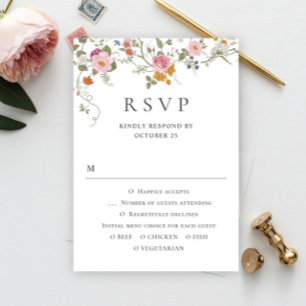Elegant Pastel Pink Boho Wild Flowers Wedding RSVP Card