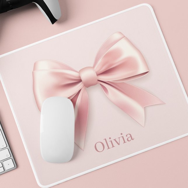 Elegant Pastel Pink Bow & Name Personalised Mouse Pad (Creator Uploaded)