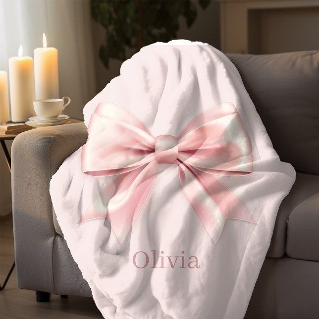 Elegant Pastel Pink Bow & Name Personalised  Sherpa Blanket (Creator Uploaded)