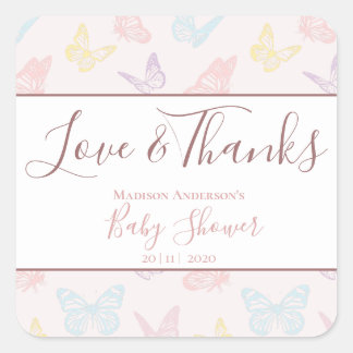 Elegant Pastel Pink Butterflies Baby Shower Thanks Square Sticker