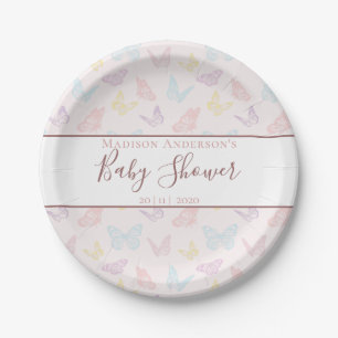 Elegant Pastel Pink Butterfly Pattern Baby Shower Paper Plate