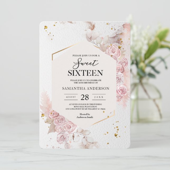 Elegant Pastel Pink Floral Frame Fancy Invitation (Standing Front)