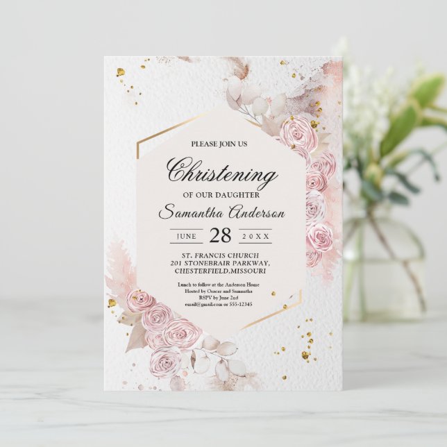 Elegant Pastel Pink Floral Frame Fancy Invitation (Standing Front)