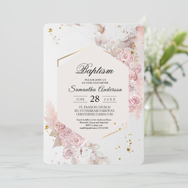 Elegant Pastel Pink Floral Frame Fancy Invitation (Standing Front)