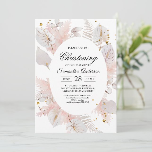 Elegant Pastel Pink Floral Frame & Gold Drops Invitation (Standing Front)