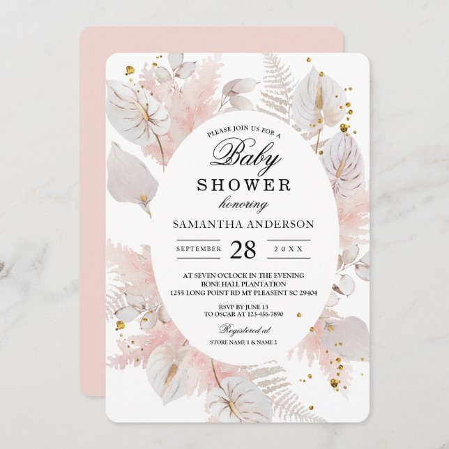 Elegant Pastel Pink Floral Frame & Gold Drops Invitation (Front/Back)