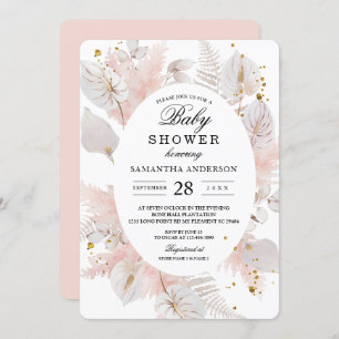 Elegant Pastel Pink Floral Frame & Gold Drops Invitation