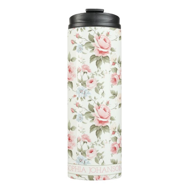 Elegant Pastel Pink Girly Cute Rose Pattern Thermal Tumbler (Front)