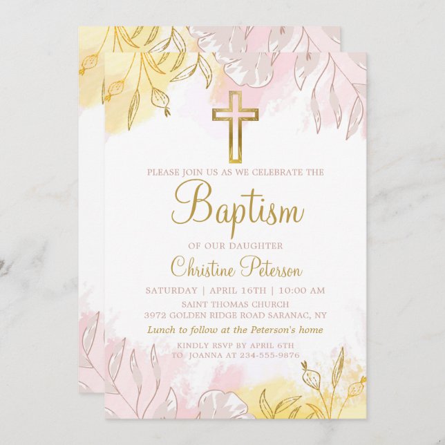Elegant Pastel Pink Gold Floral Girl Baptism Invitation (Front/Back)