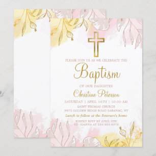 Elegant Pastel Pink Gold Floral Girl Baptism Invitation