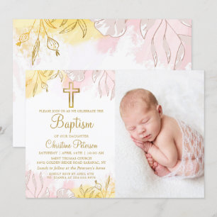 Elegant Pastel Pink Gold Floral Girl Baptism Photo Invitation