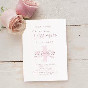 Elegant Pastel Pink Hand Drawn Bow 1st birthday Invitation