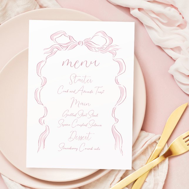 Elegant Pastel Pink Hand Drawn Bow Wedding Menu (Elegant Pastel Pink Hand Drawn Bow Wedding Menu)