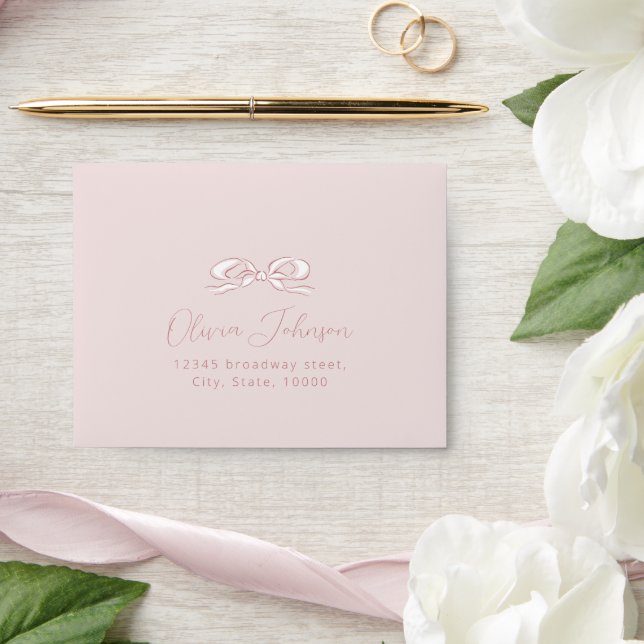 Elegant Pastel Pink Hand Drawn Bow Wedding RSVP Envelope (Wedding)
