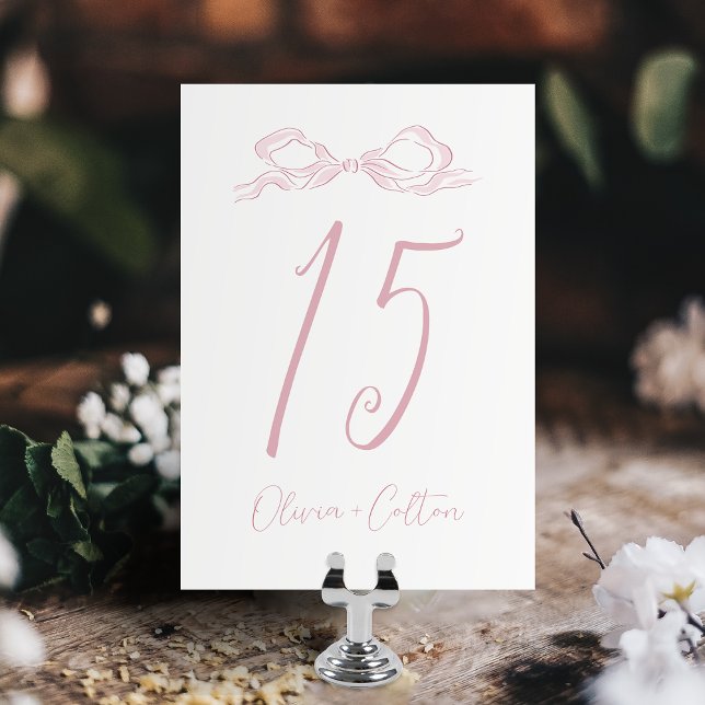Elegant Pastel Pink Hand Drawn Bow Wedding Table Number (Elegant Pastel Pink Hand Drawn Bow Wedding Table Number)