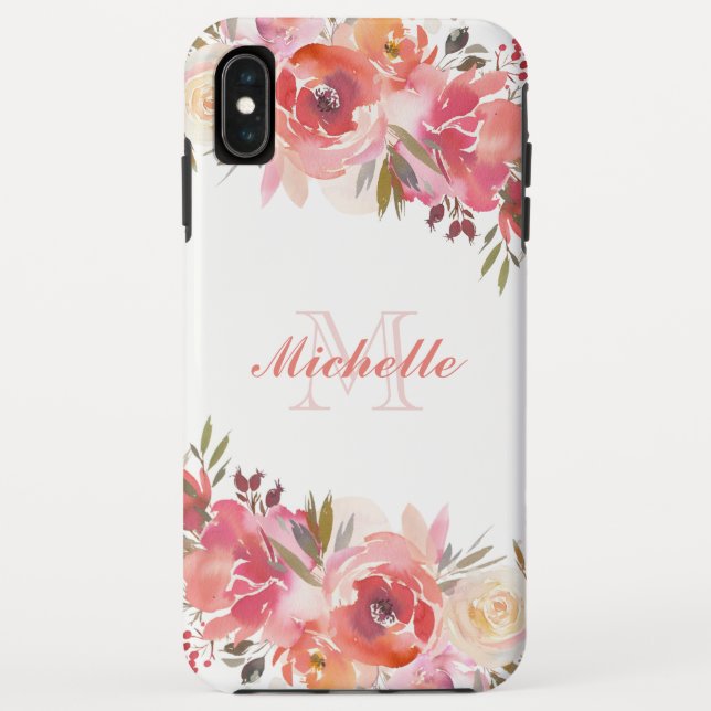 Elegant Pastel Pink Peach Rose Floral Monogram Case-Mate iPhone Case (Back)