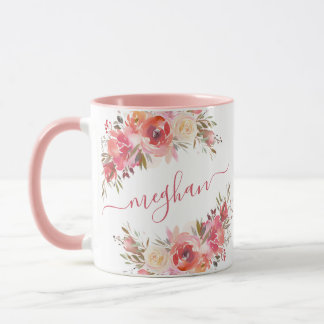 Elegant Pastel Pink Peach Rose Floral Monogram Mu Mug