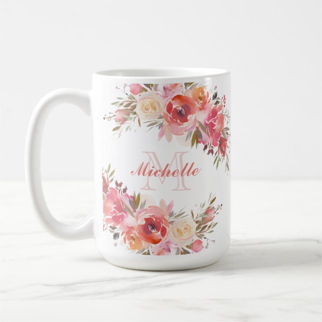 Elegant Pastel Pink Peach Rose Floral Name Coffee Mug (Left)